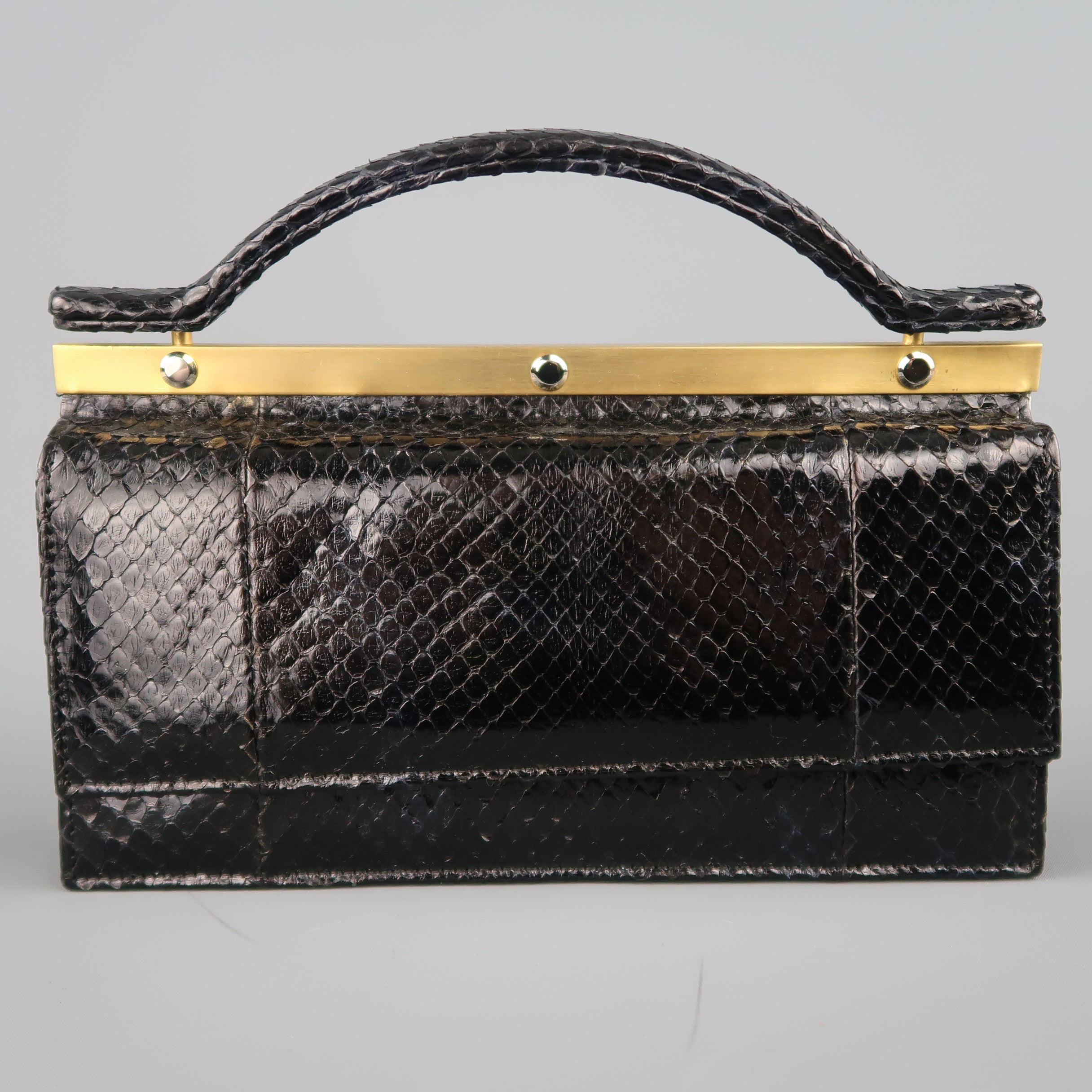 Vintage LEU LOCATI Black Snake Skin Leather Gold Metal Evening