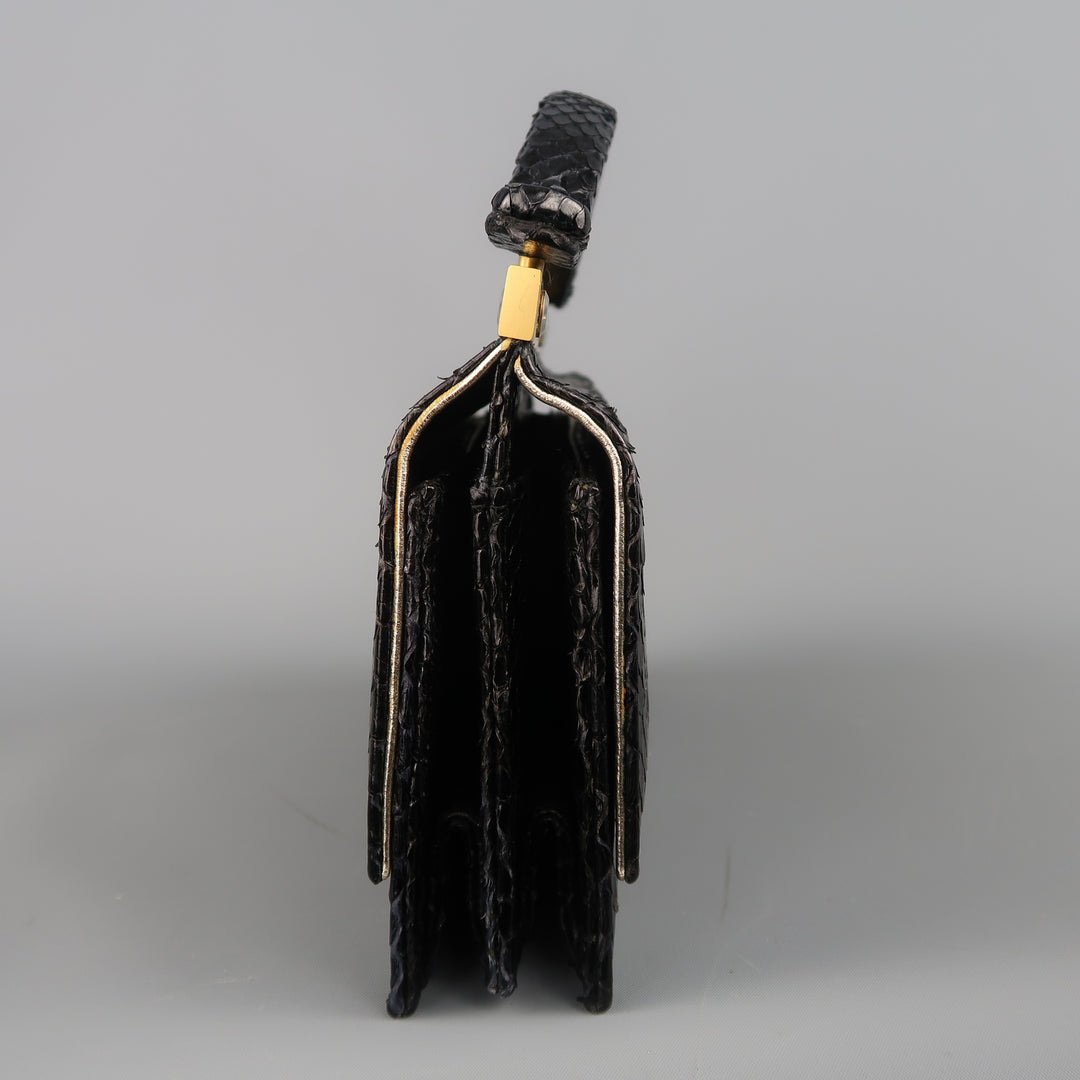 Vintage LEU LOCATI negro piel de serpiente cuero oro metal bolso de noche