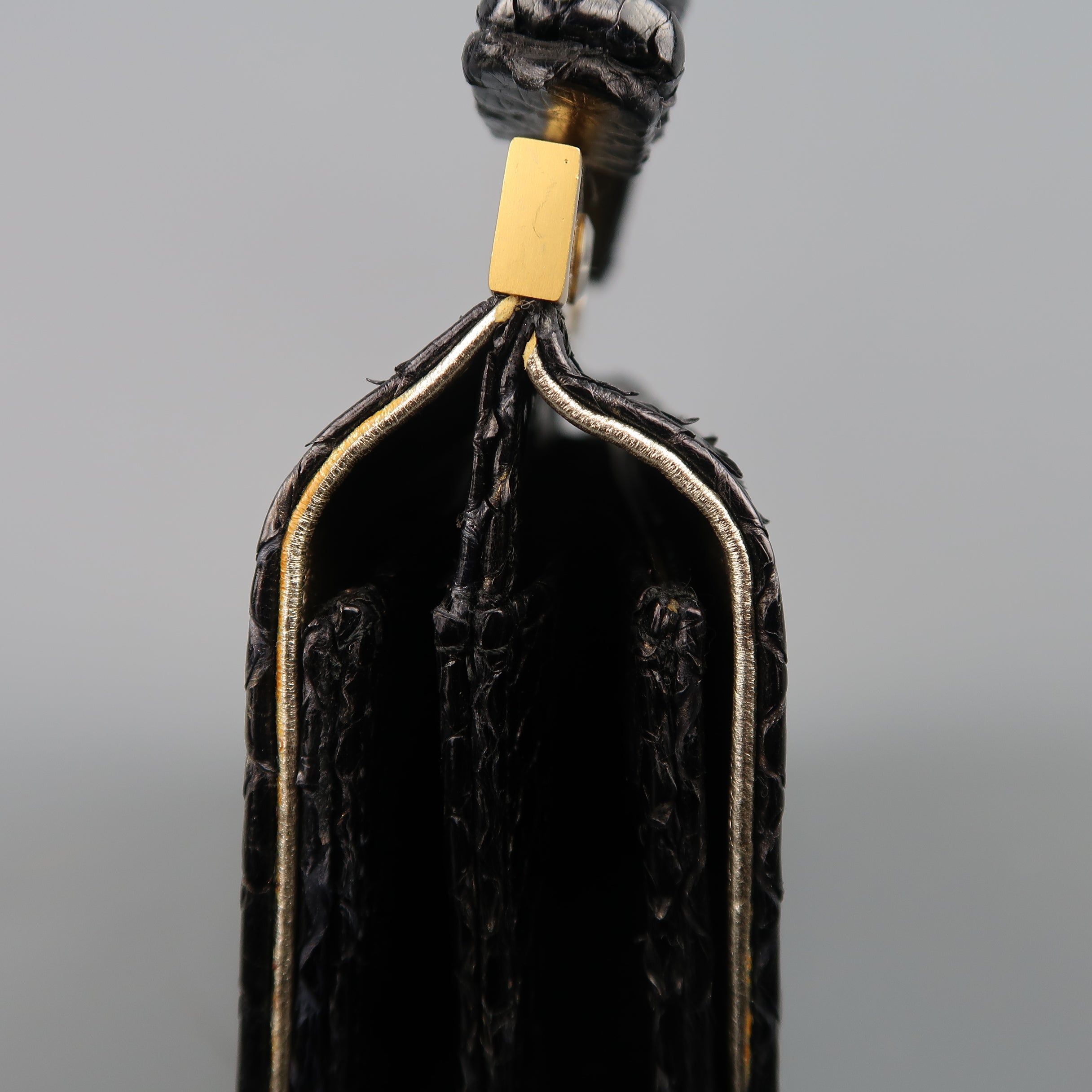 Vintage LEU LOCATI Black Snake Skin Leather Gold Metal Evening
