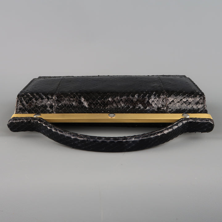 Vintage LEU LOCATI Black Snake Skin Leather Gold Metal Evening Handbag