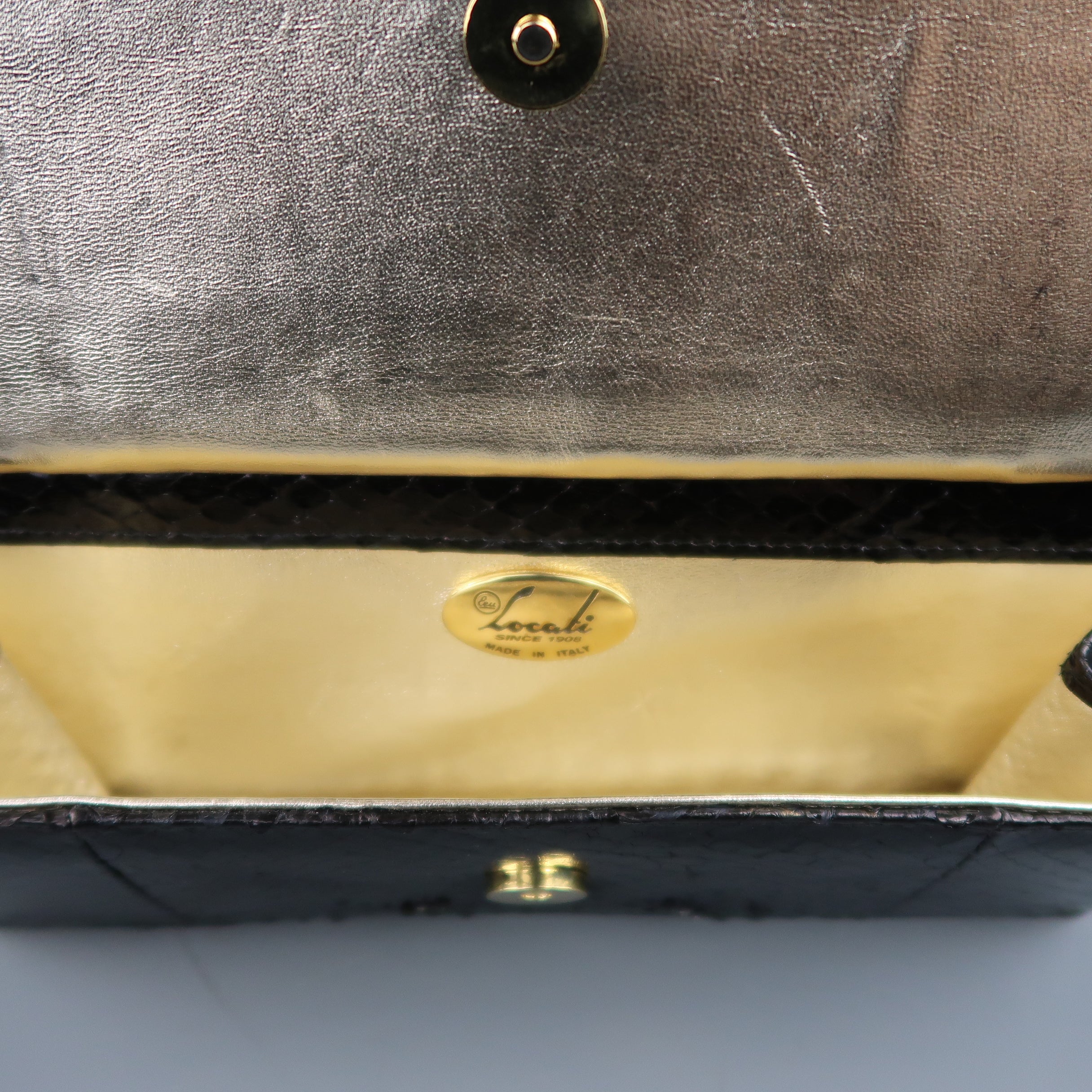 Vintage LEU LOCATI Black Snake Skin Leather Gold Metal Evening