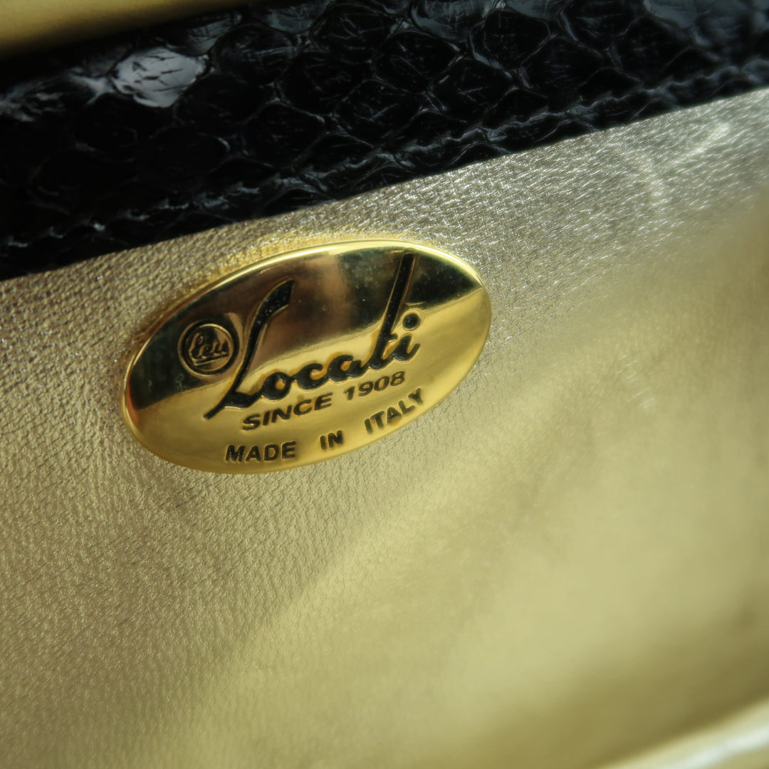 Vintage LEU LOCATI Black Snake Skin Leather Gold Metal Evening Handbag