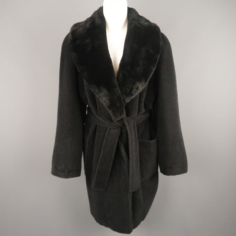 Vintage SONIA RYKIEL Size L Black Faux Fur Shawl Collar Robe Coat