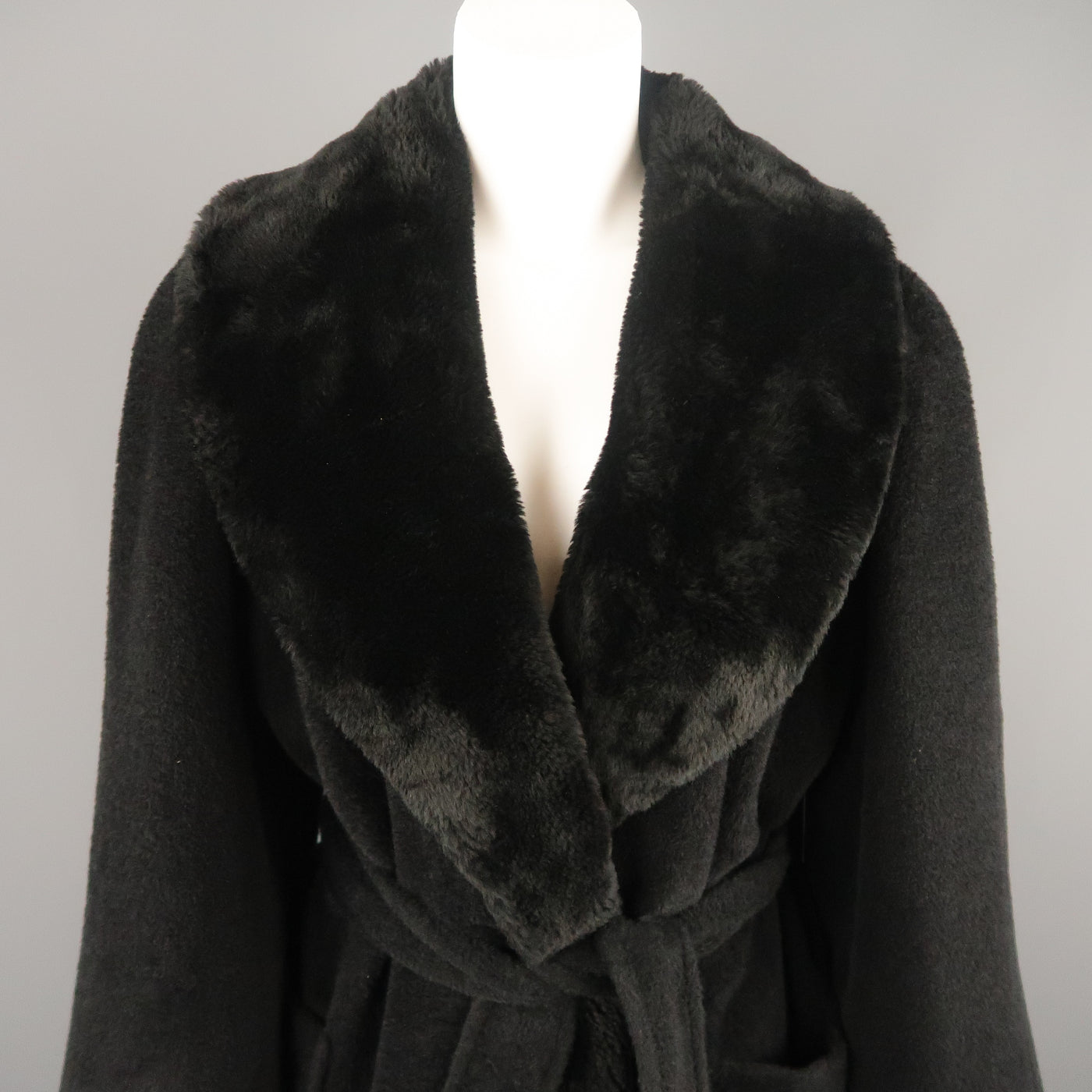 Vintage SONIA RYKIEL Size L Black Faux Fur Shawl Collar Robe Coat