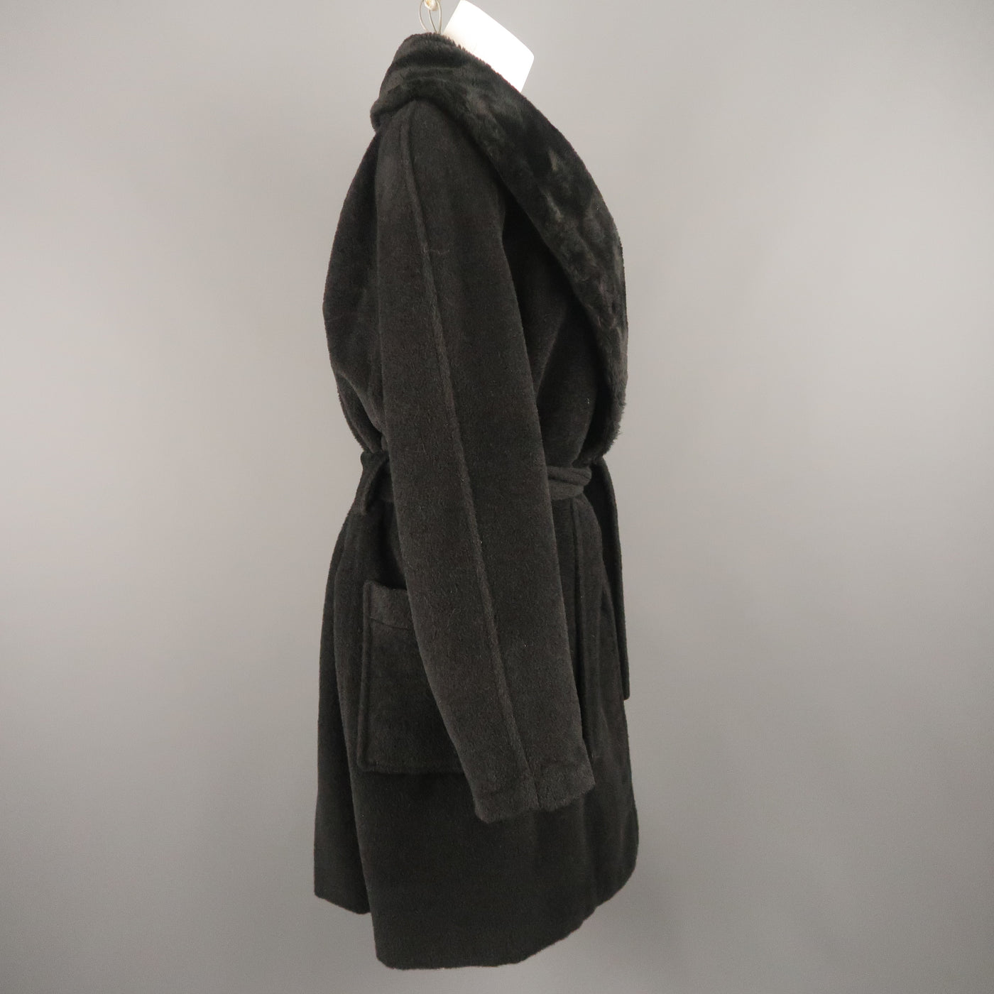 Vintage SONIA RYKIEL Size L Black Faux Fur Shawl Collar Robe Coat