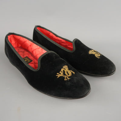 Vintage WATHNE Size 9.5 Black Velvet Gold Embroidered Horn Slippers