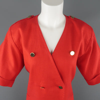 Vintage YVES SAINT LAURENT Size 14 Red Linen Double Breasted  Dress