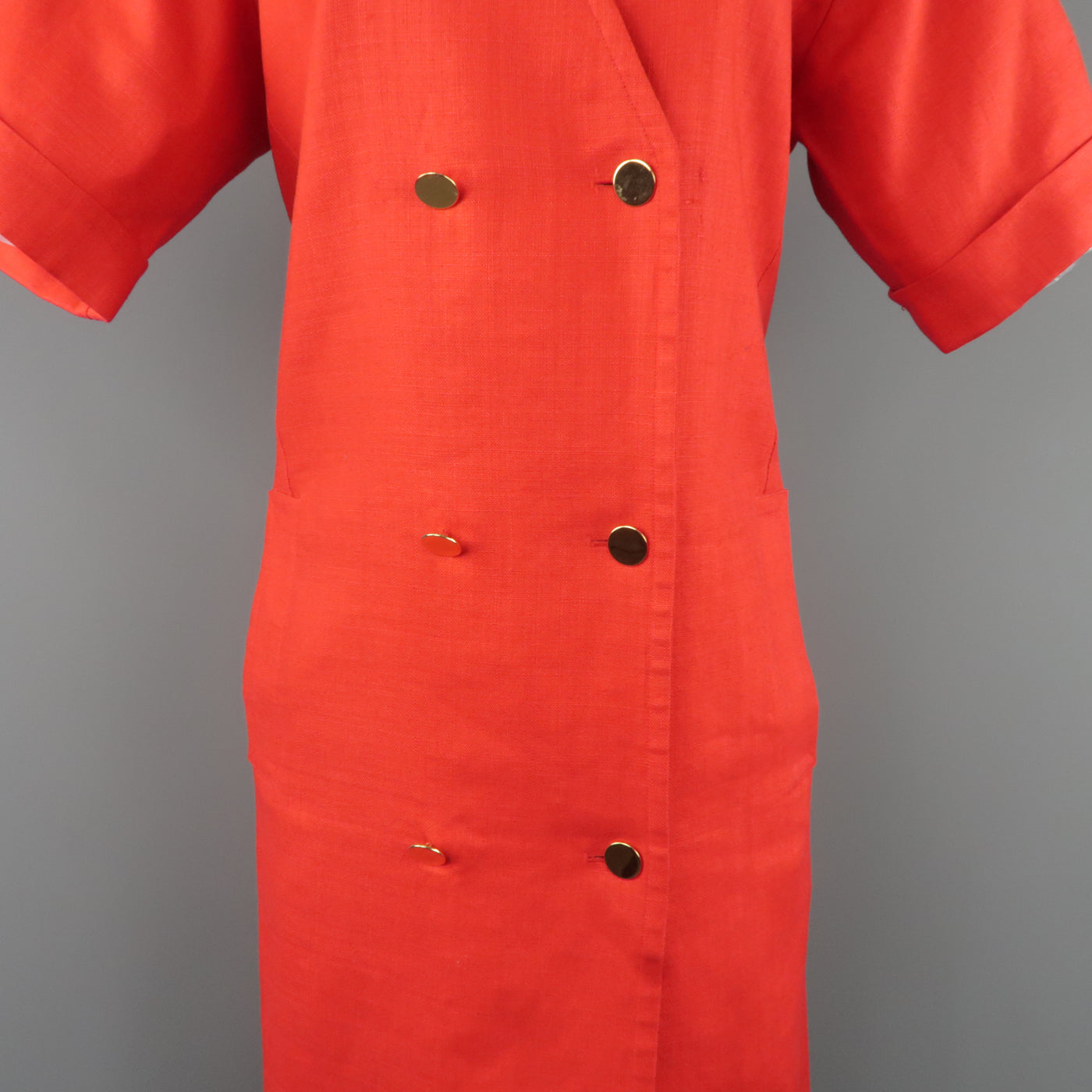 Vintage YVES SAINT LAURENT Size 14 Red Linen Double Breasted  Dress
