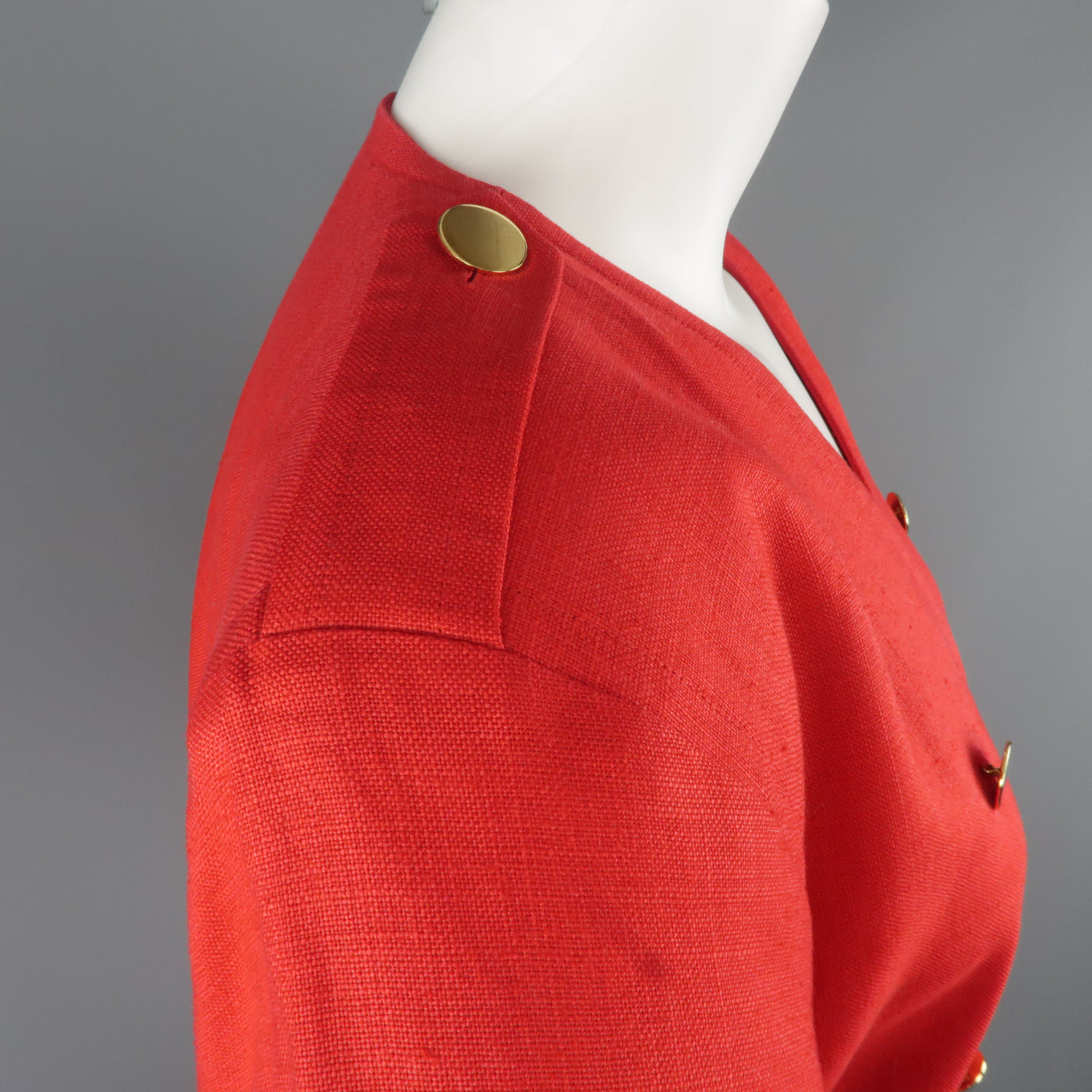 Vintage YVES SAINT LAURENT Size 14 Red Linen Double Breasted  Dress