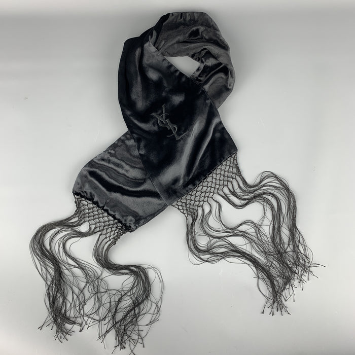 YVES SAINT LAURENT Black Velvet Fringe YSL Neck Scarf