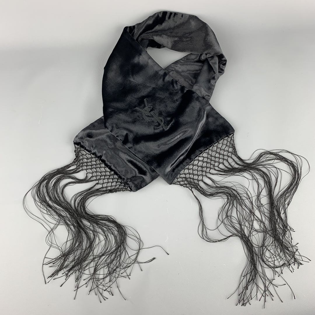 YVES SAINT LAURENT Black Velvet Fringe YSL Neck Scarf