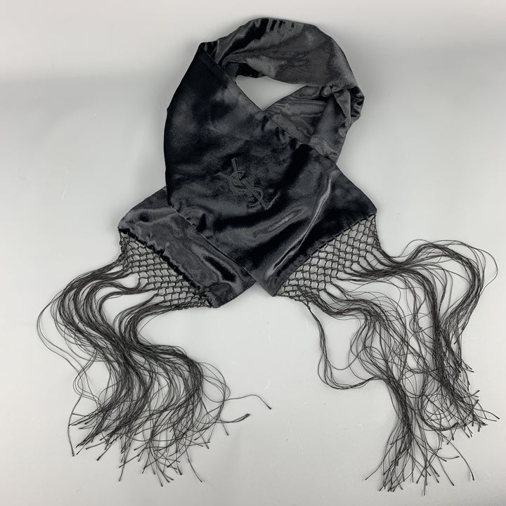 YVES SAINT LAURENT Black Velvet Fringe YSL Neck Scarf