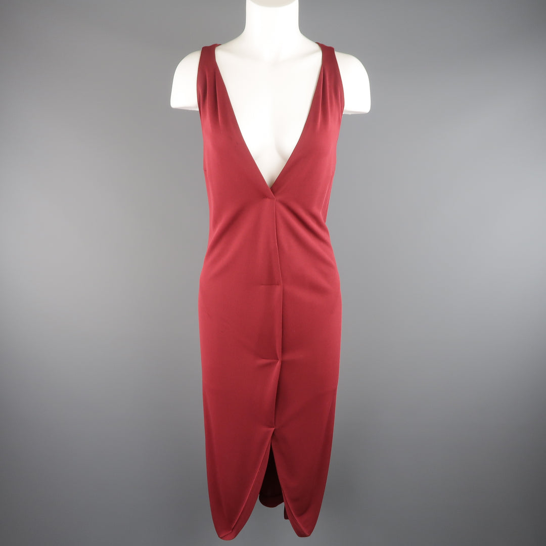 YVES SAINT LAURENT Size 14 Burgundy Viscose Blend V Neck Shift Dress Sui Generis Designer Consignment YVES SAINT LAURENT Size 14 Burgundy Viscose Blend V Neck Shift Dress Sui Generis Designer Consignment