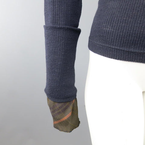 Y's by YOHJI YAMAMOTO Size M Navy Ribbed Wool Extended Plaid Sleeve Pullover