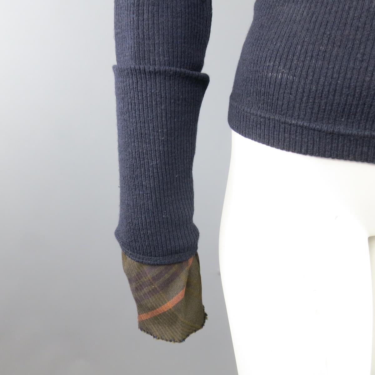 Y's by YOHJI YAMAMOTO Size M Navy Ribbed Wool Extended Plaid Sleeve Pullover