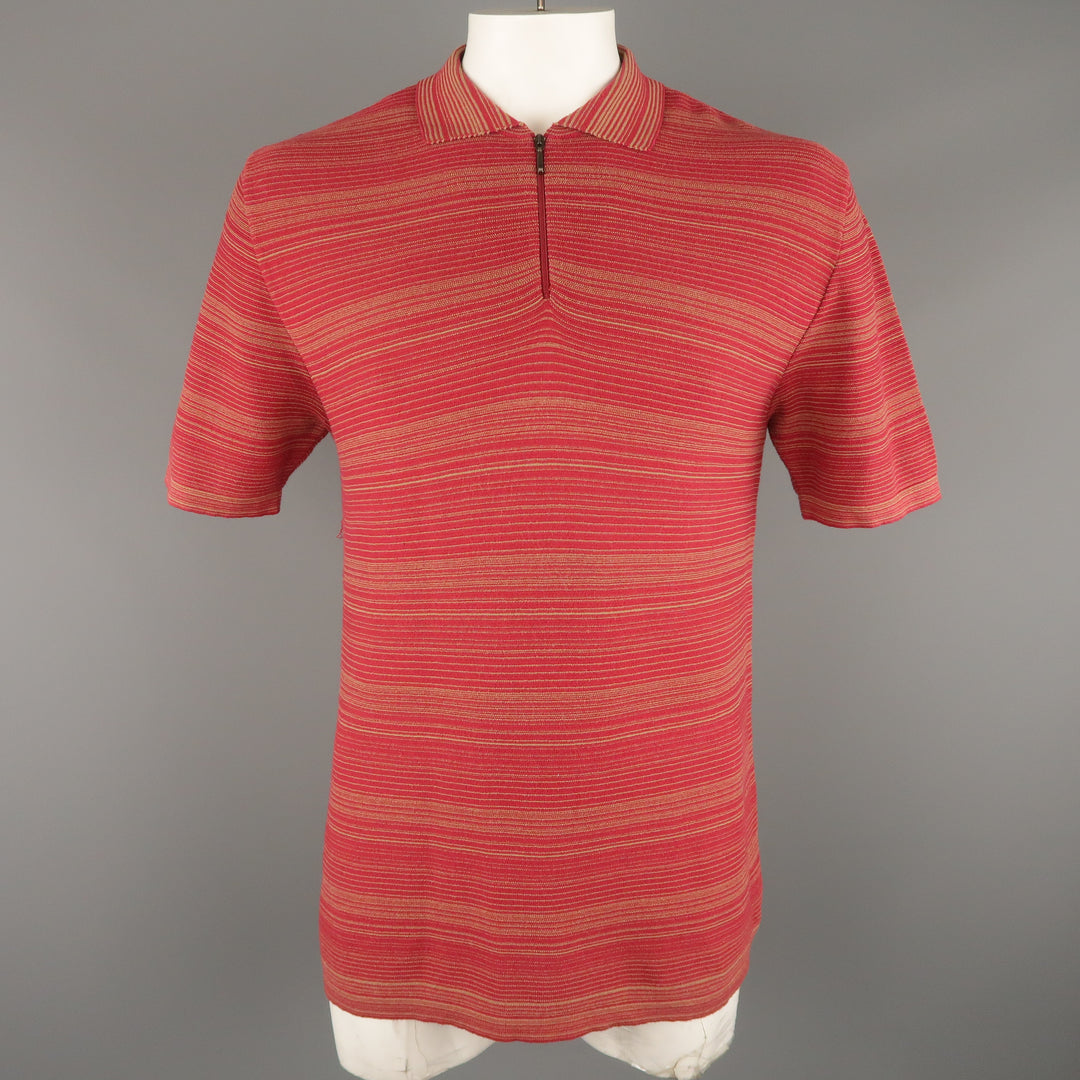 ZEGNA SPORT Size L Burgundy & Khaki Stripe Cotton Blend Half Zip Polo