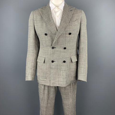 LARDINI Size 42 Regular Black & Beige Houndstooth Silk / Linen Double Breasted Suit