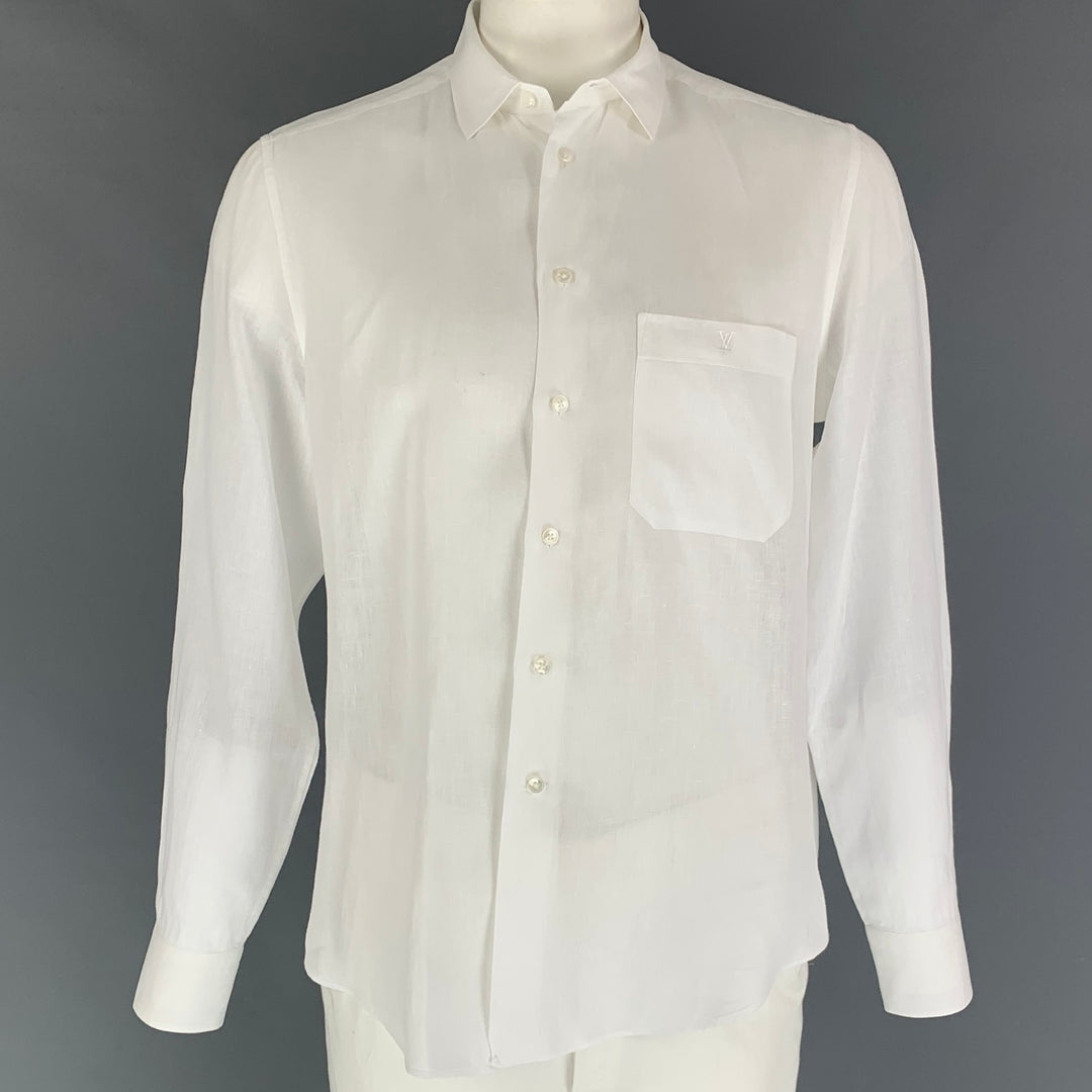 LOUIS VUITTON Size XL White Linen Button Up Long Sleeve Shirt