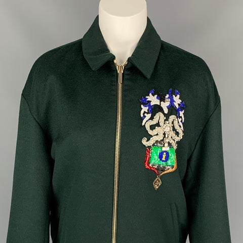 MARY KATRANTZOU Size 6 Dark Green Sequined Virgin Wool Embroidered Crest Jacket
