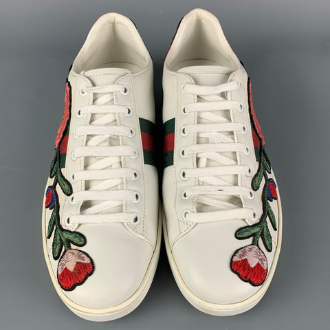 GUCCI Size 10 Multi-Color Leather Embroidered Low Top Sneakers