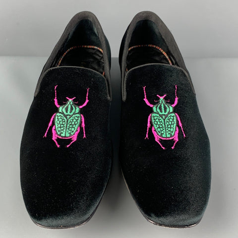 PAUL SMITH Size 12 Black Embroidery Velvet Slip On Loafers