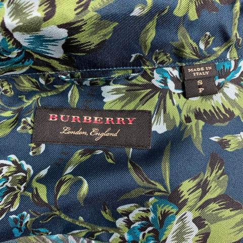 BURBERRY Size S Navy & Green Floral Silk Pajama Long Sleeve Shirt