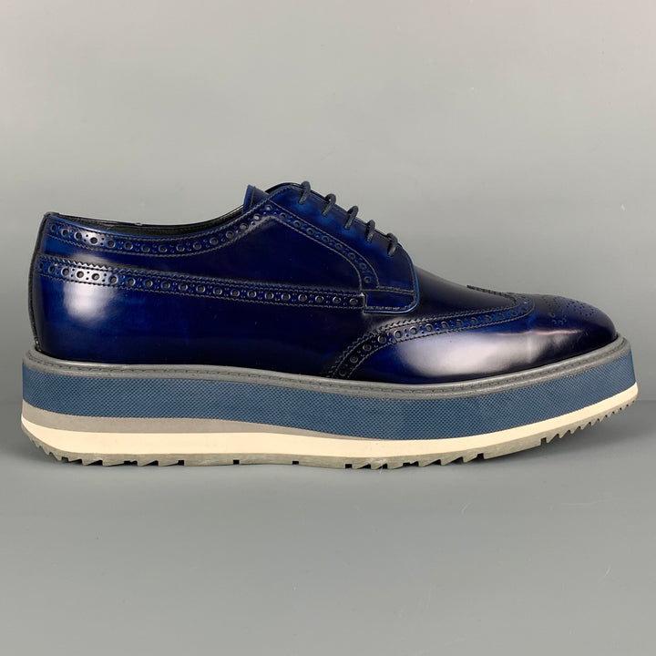 PRADA Size 9 Blue Perforated Leather Wingtip Platform Lace Up Shoes