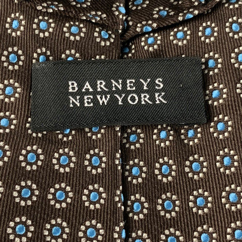 BARNEYS NEW YORK Brown White Light Blue Abstract Floral Silk Tie