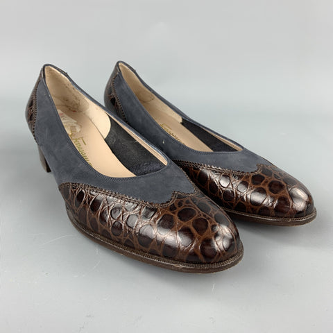 SALVATORE FERRAGAMO Talla 10 Zapatos de tacón con relieve de ante marrón / azul