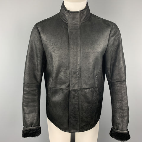 JIL SANDER Size 42  Black Shearling Leather High Collar Zip Up Jacket