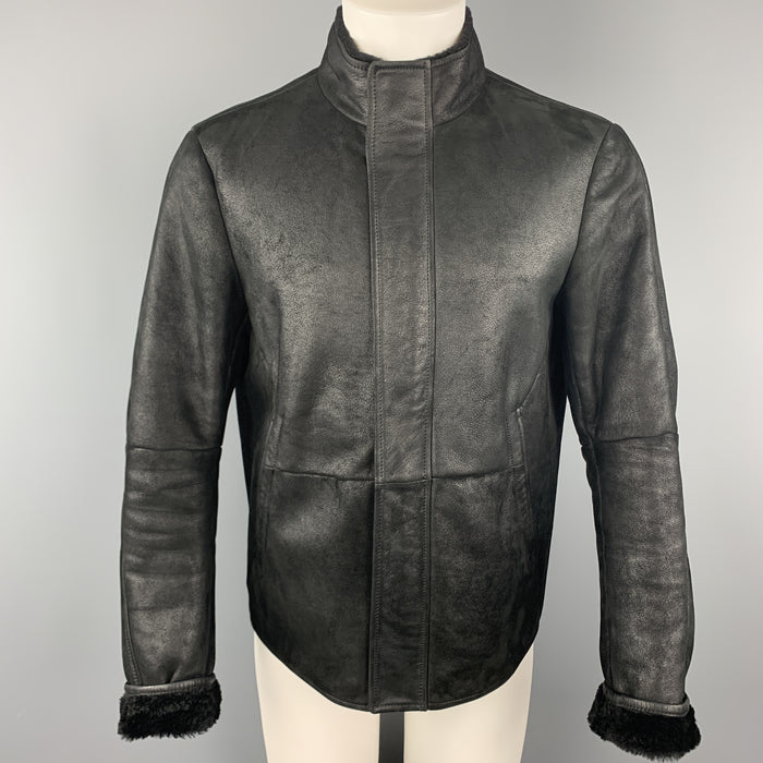 JIL SANDER Size 42  Black Shearling Leather High Collar Zip Up Jacket