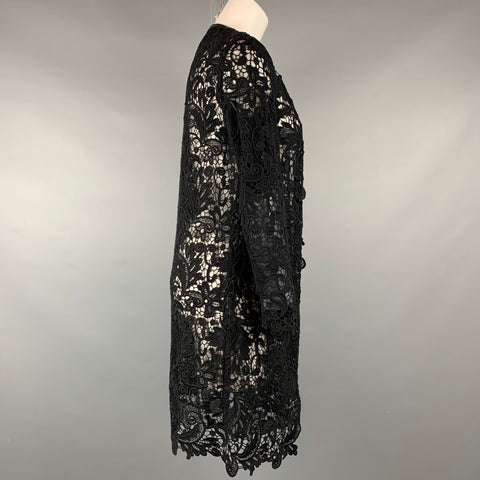 RALPH LAUREN Black Label Size 2 Black Lace Textured Cotton Leather Trim Cardigan