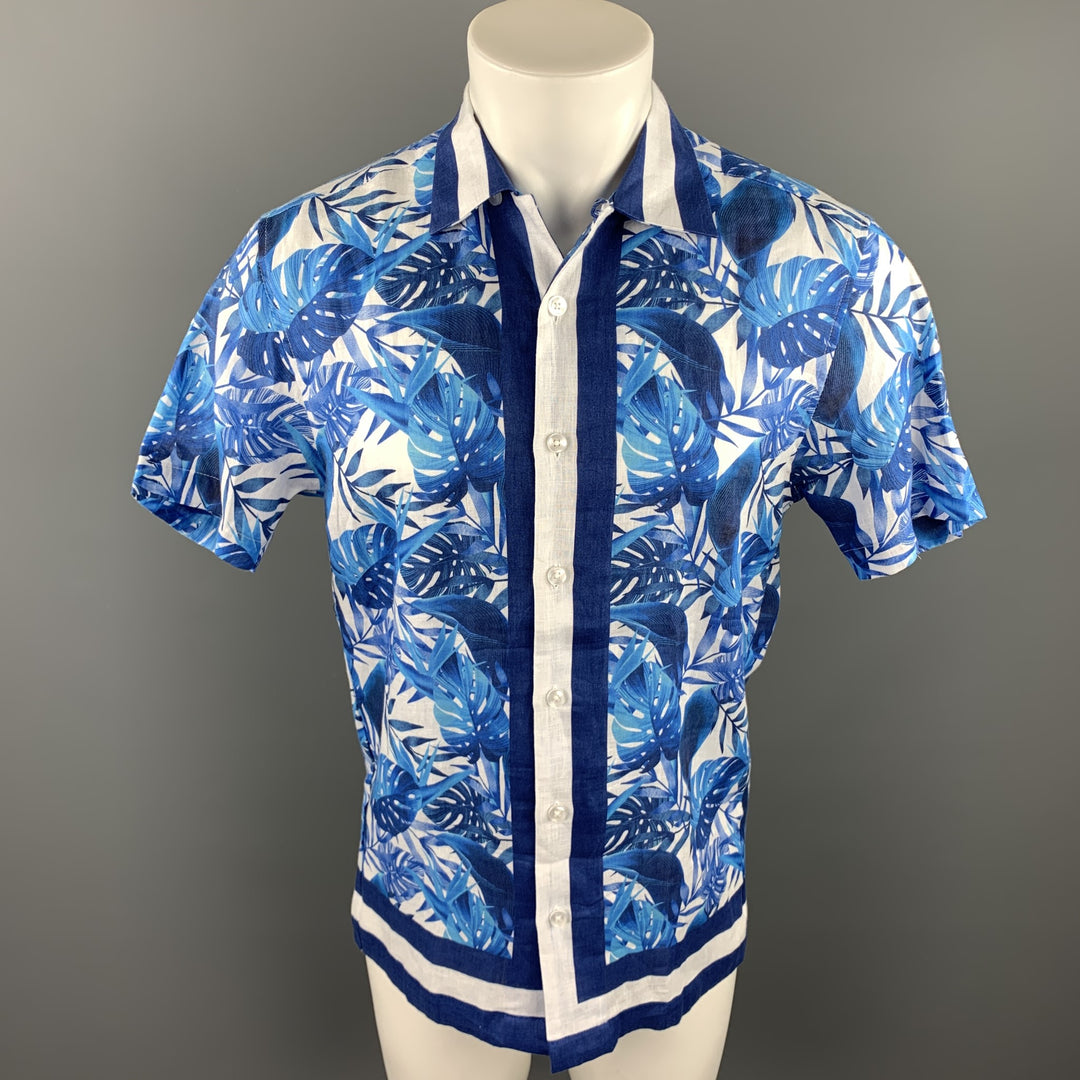 BROOKLYN BRIGADE Size M Blue & White Floral Linen Button Up Short Sleeve Shirt
