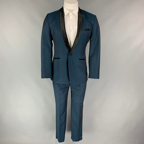 TED BAKER Size 38 Regular Teal & Black Wool / Mohair Tuxedo Suit