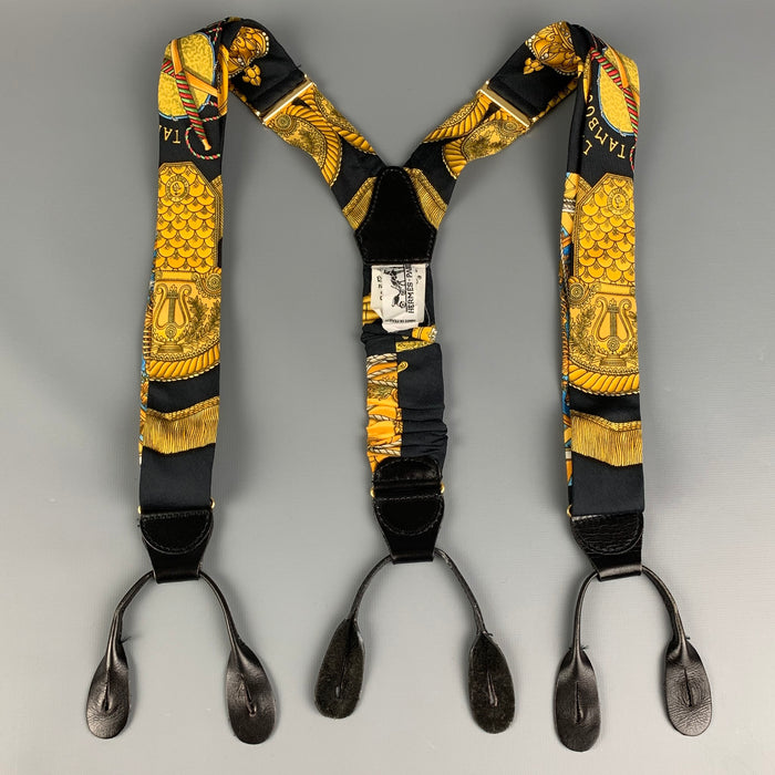 HERMES Black & Gold Silk Leather Suspenders