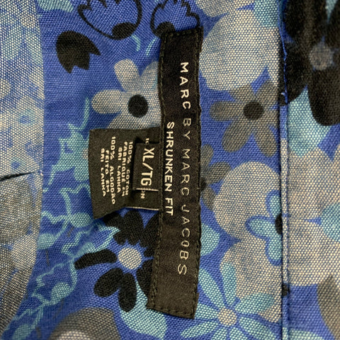 MARC by MARC JACOBS Size XL Blue Grey Floral Cotton Shrunken Fit Short Sleeve Shirt