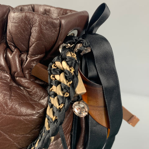 MARNI Brown Black Wrinkled Rhinestones Leather Handbag