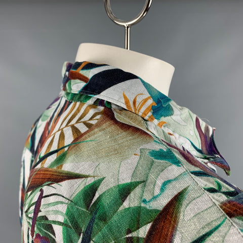 120% LINO Size 44 Blue Multi-Color Floral Linen Button Up Long Sleeve Shirt