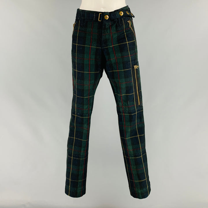 RALPH LAUREN Talla 34 Pantalones casuales de tiro bajo a cuadros de elastano de algodón verde marino