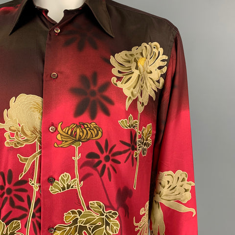 Vintage GUCCI by Tom Ford 2001 Size XL Red Floral Silk Button Up Long Sleeve Shirt