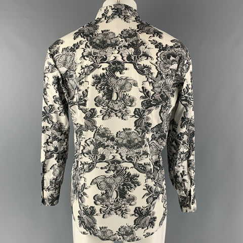 JUST CAVALLI Size M Black White Floral Cotton  Elastane Long Sleeve Shirt