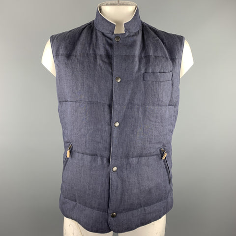BRUNELLO CUCINELLI Chaleco con broches de lino acolchado azul marino Talla XL