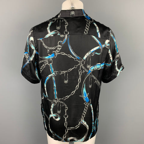 VERSUS by GIANNI VERSACE Size S Black & Blue Print Silk Short Sleeve Shirt