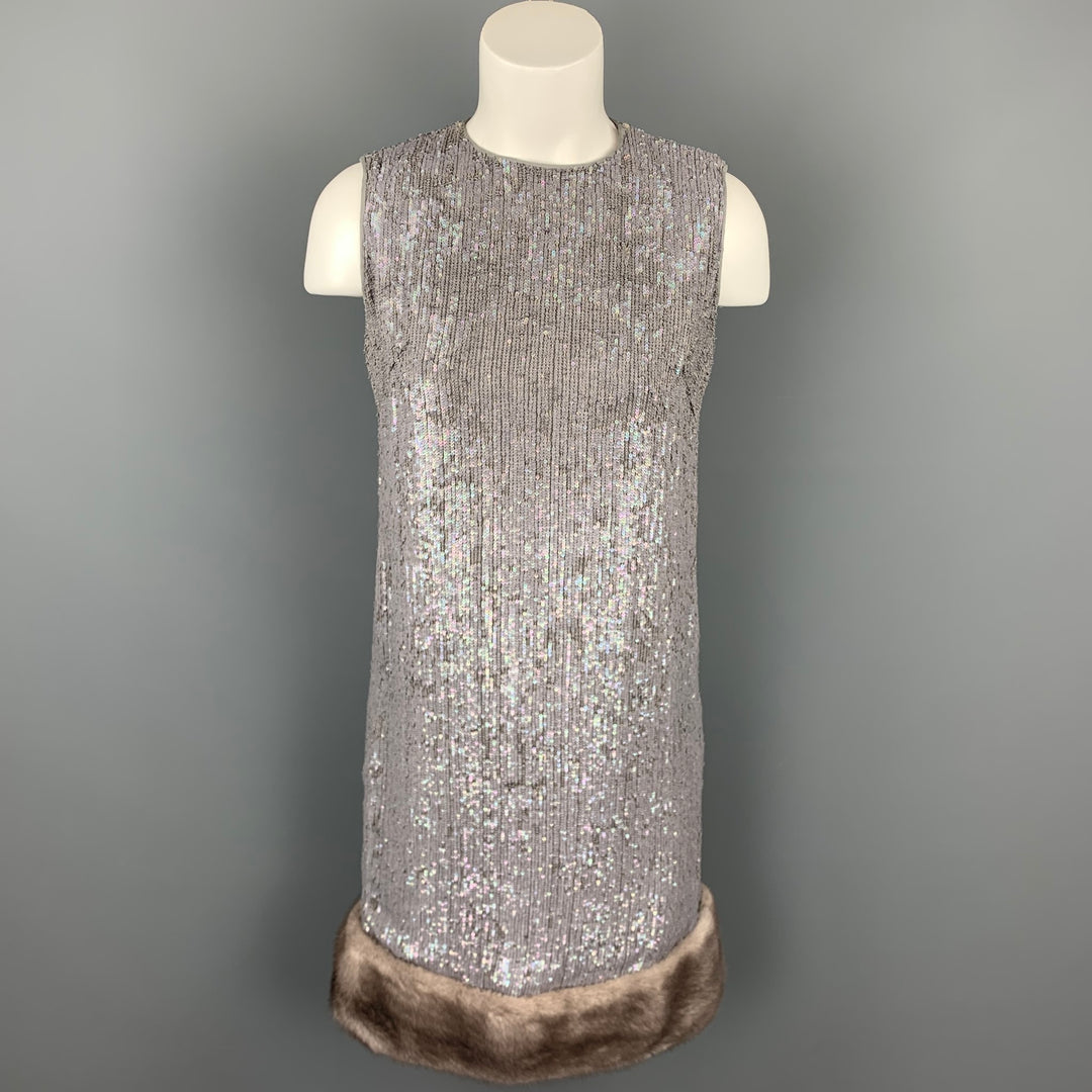 NORMAN AMBROSE Size 4 Gray Silk Sequined Mink Fur Panel Shift Cocktail Dress NORMAN AMBROSE Size 4 Gray Silk Sequined Mink Fur Panel Shift Cocktail Dress