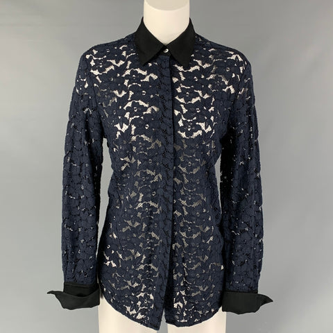 3.1 PHILLIP LIM Navy Lace Hidden Placket Size 4 Black Viscose Blend Shirt