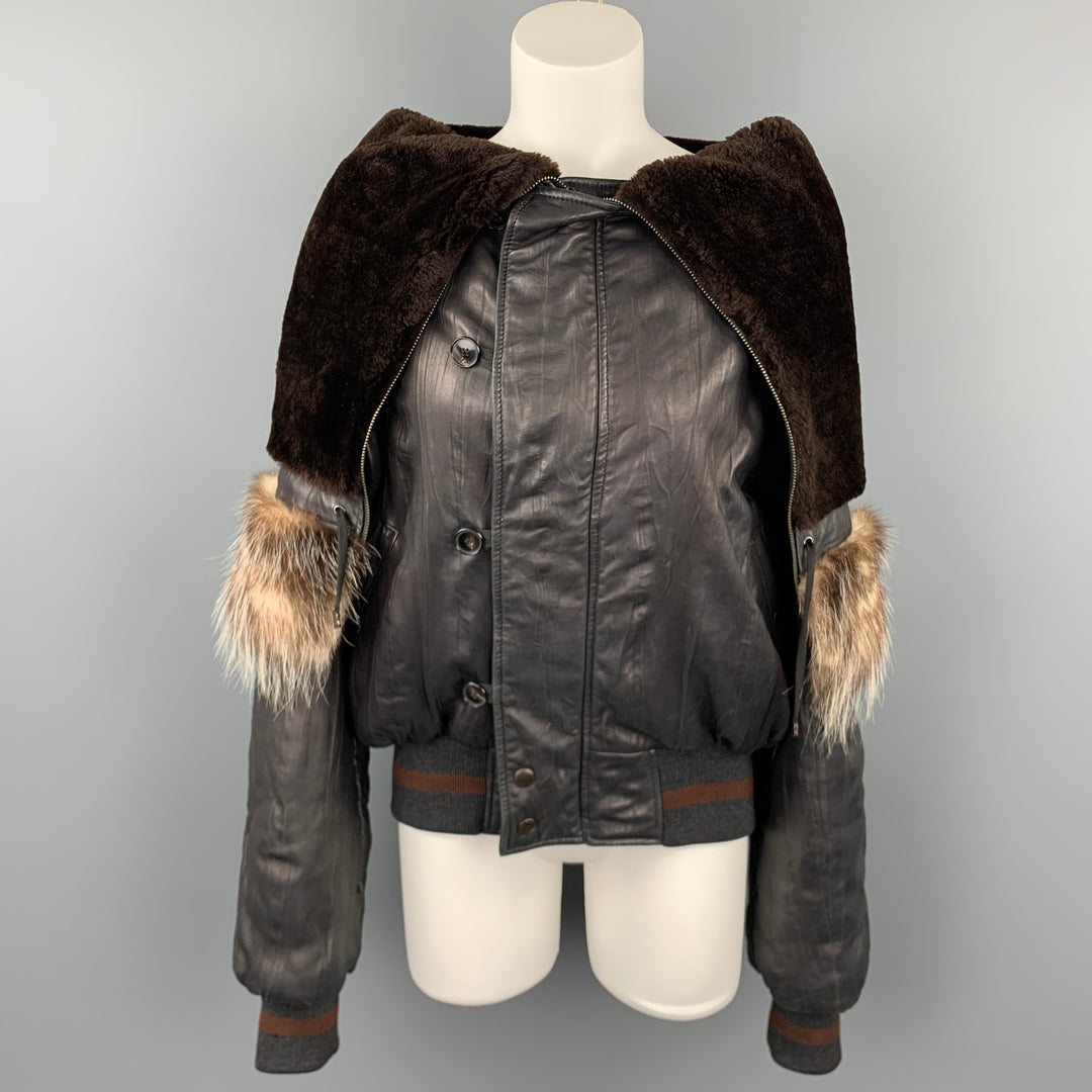 JEAN PAUL GAULTIER Femme Size M Black Leather Sheep Skin Turtleneck Fur Collar Jacket