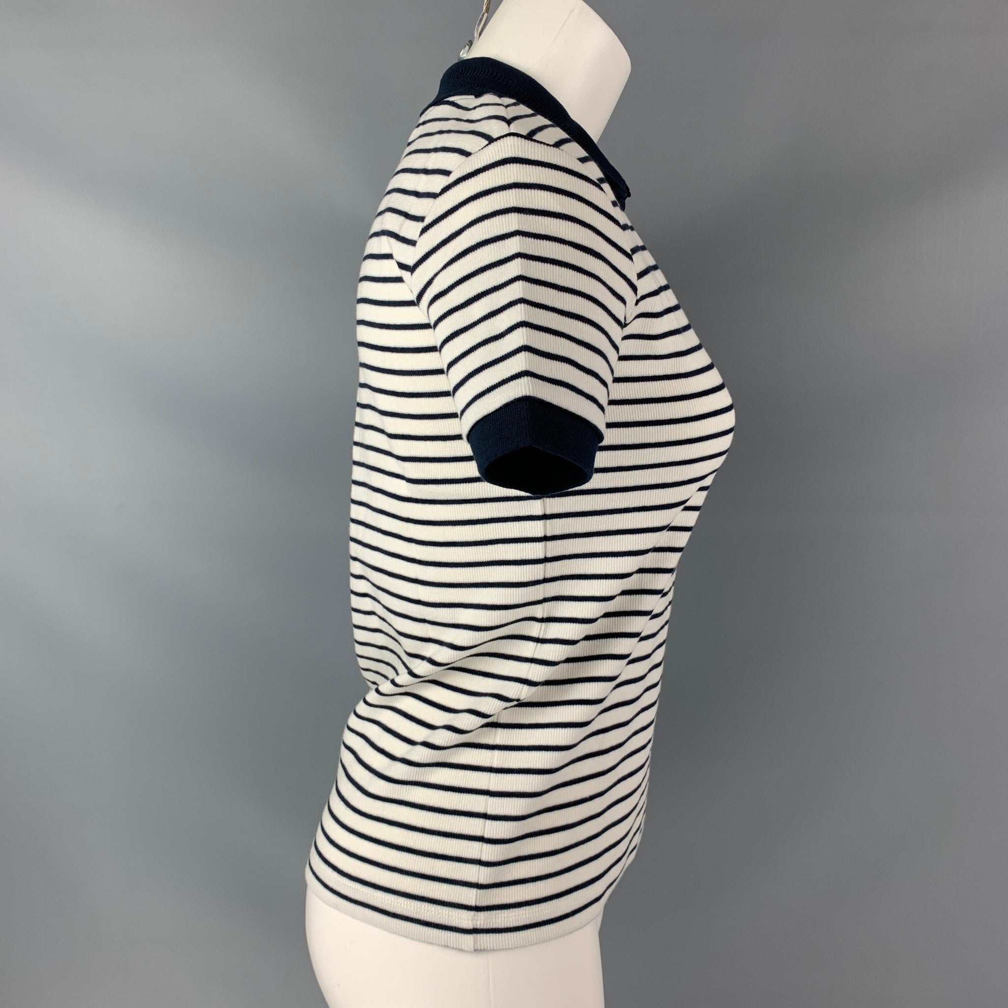 CARVEN Size S White Navy Cotton Elastane Stripe Polo Shirt