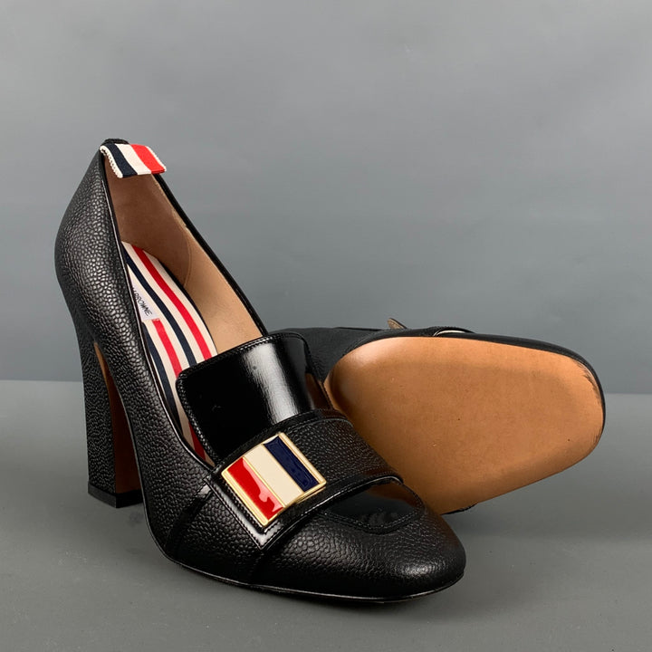 THOM BROWNE Talla 8 Zapatos de tacón de grano de guijarro de materiales mixtos de cuero negro, rojo y blanco