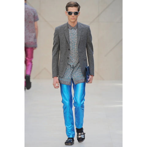 BURBERRY PRORSUM Spring 2013 Size S Teal & Purple Print Cotton Short Sleeve Shirt