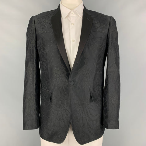 JOHN RICHMOND Size 42 Black Skulls Jacquard Cotton Blend Notch Lapel Sport Coat